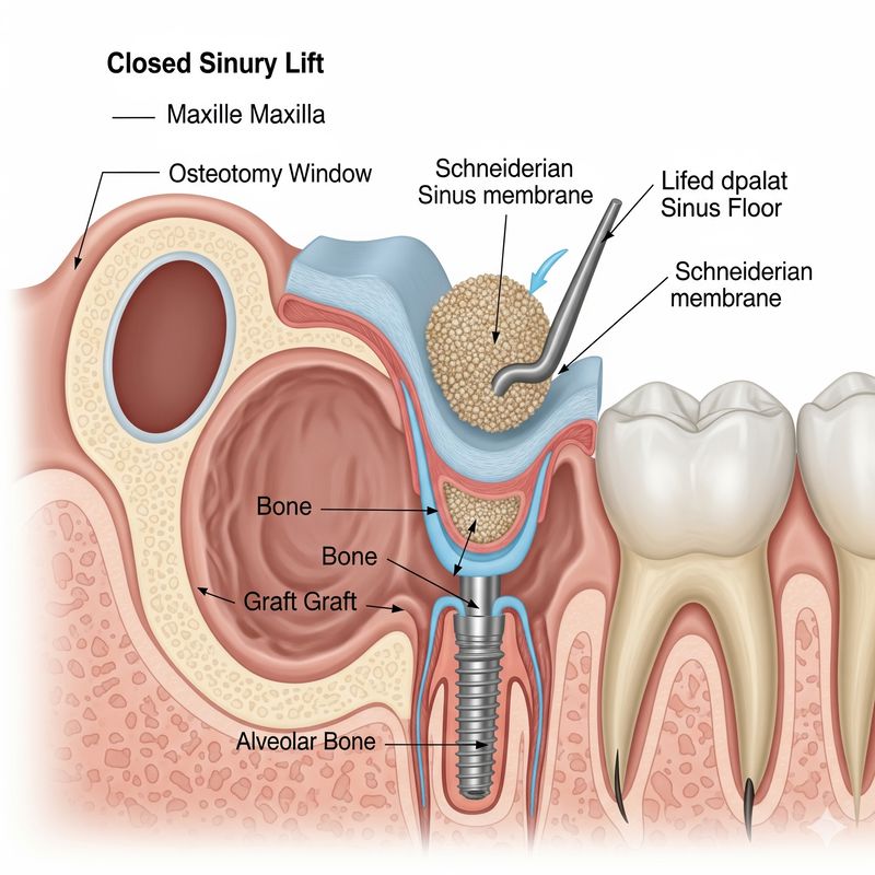 הליך הרמת סינוס סגורה עם השתלת עצם ושתל דנטלי.