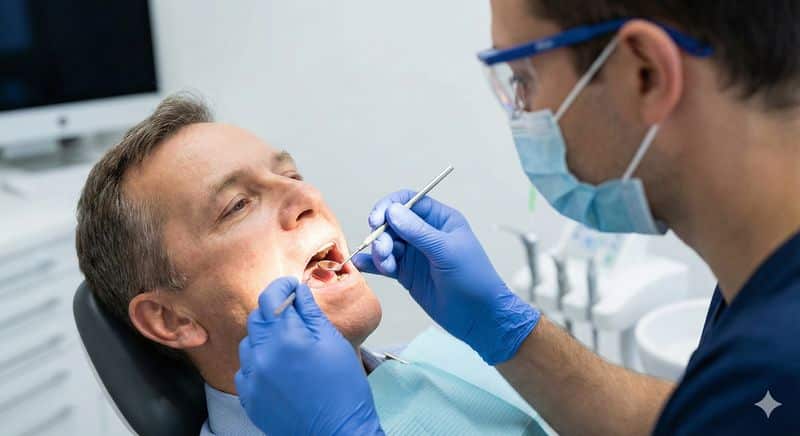בדיקת חלל הפה אצל רופא שיניים. רופא שיניים מבצע בדיקת חלל הפה למטופל.